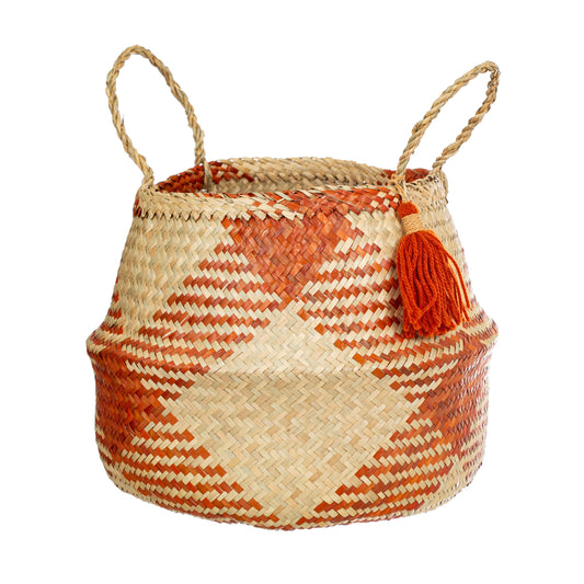 Seagrass Tribal Pattern Tassel Basket - Terracotta