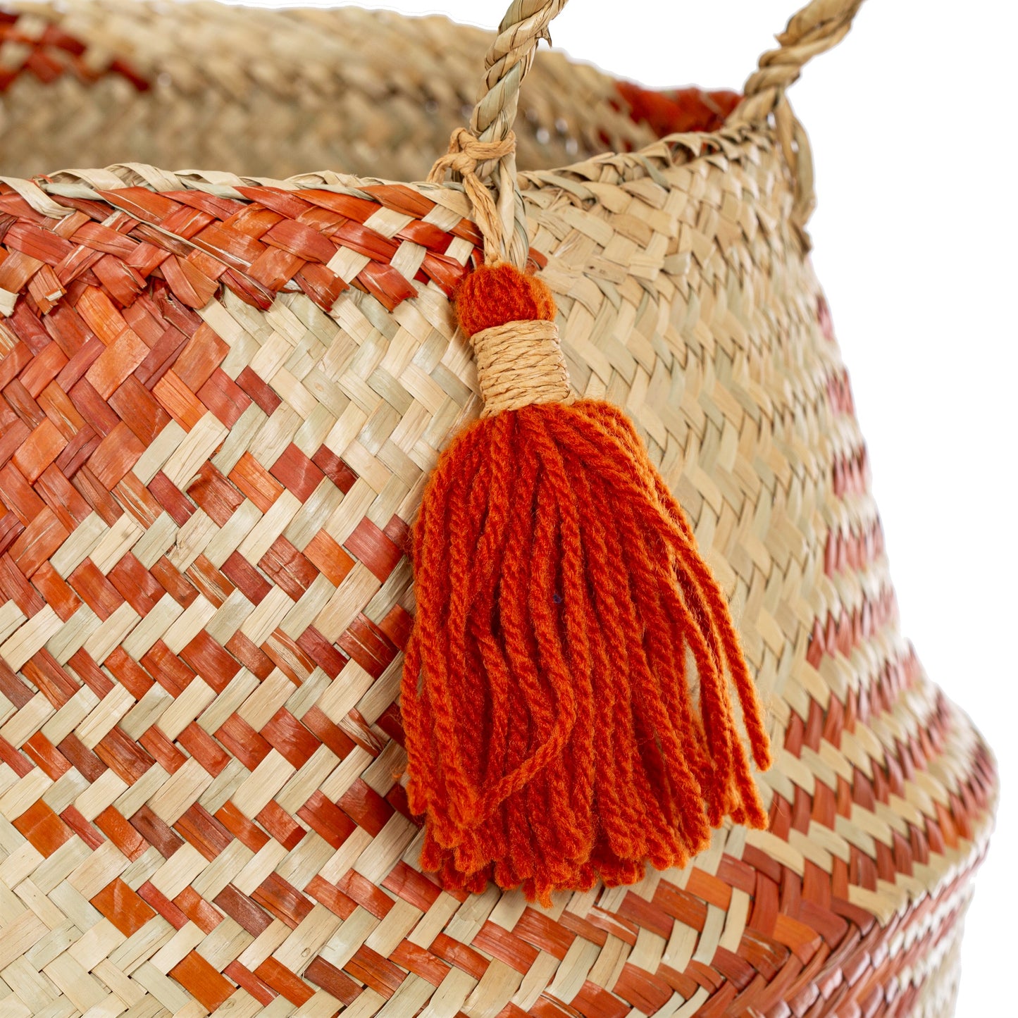 Seagrass Tribal Pattern Tassel Basket - Terracotta